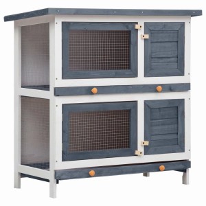 Grauer vidaXL Kaninchenstall aus Holz mit 4 Türen für den Außenbereich.