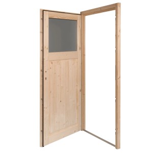 Geöffnete, naturbelassene Panto Holz-Nebeneingangstür mit Lichtausschnitt und Rahmen.