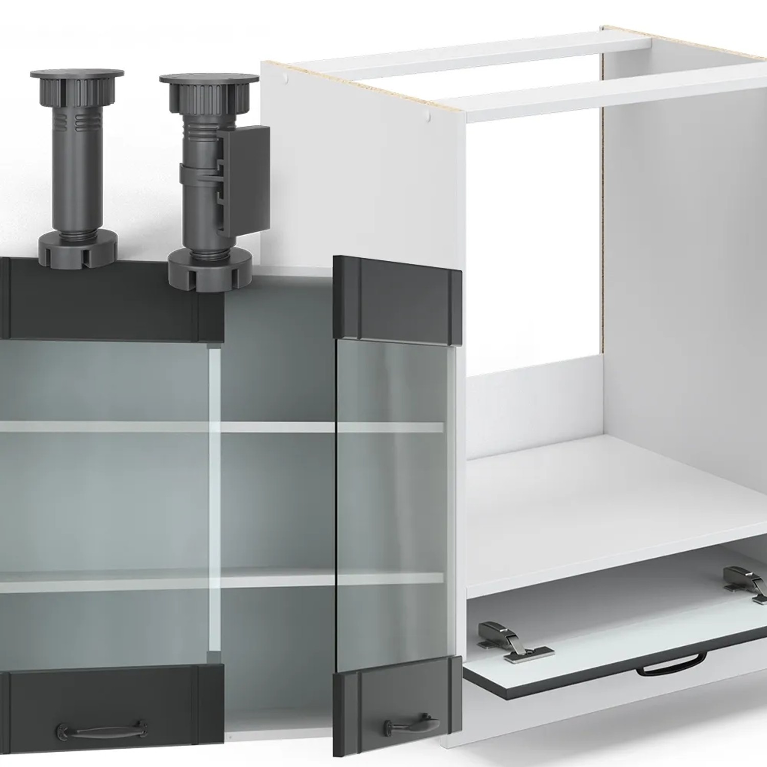 Detailansicht: Vicco Fame-Line Eckküche in Anthrazit/Weiß mit Eiche Arbeitsplatte.