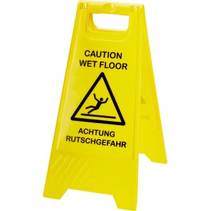 Gelbes Warnschild „Achtung Rutschgefahr“ für Reinigung und Pflege.