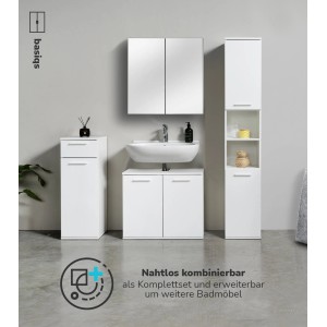 Mokebo Badmöbel-Set „Der Steuermann“: 4-teiliges, weißes Badezimmermöbel-Set mit Waschbeckenunterschrank, Spiegelschrank und Hochschränken.