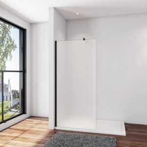 AICA Walk-In Dusche, 70x200cm, Milchglas, schwarzer Rahmen und Stabilisierungsstange.
