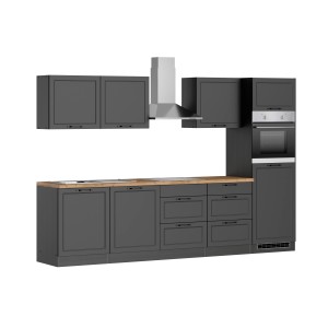 Moderne graue Held Küchenzeile Kempten 300 cm mit E-Geräten und Dunstabzugshaube.