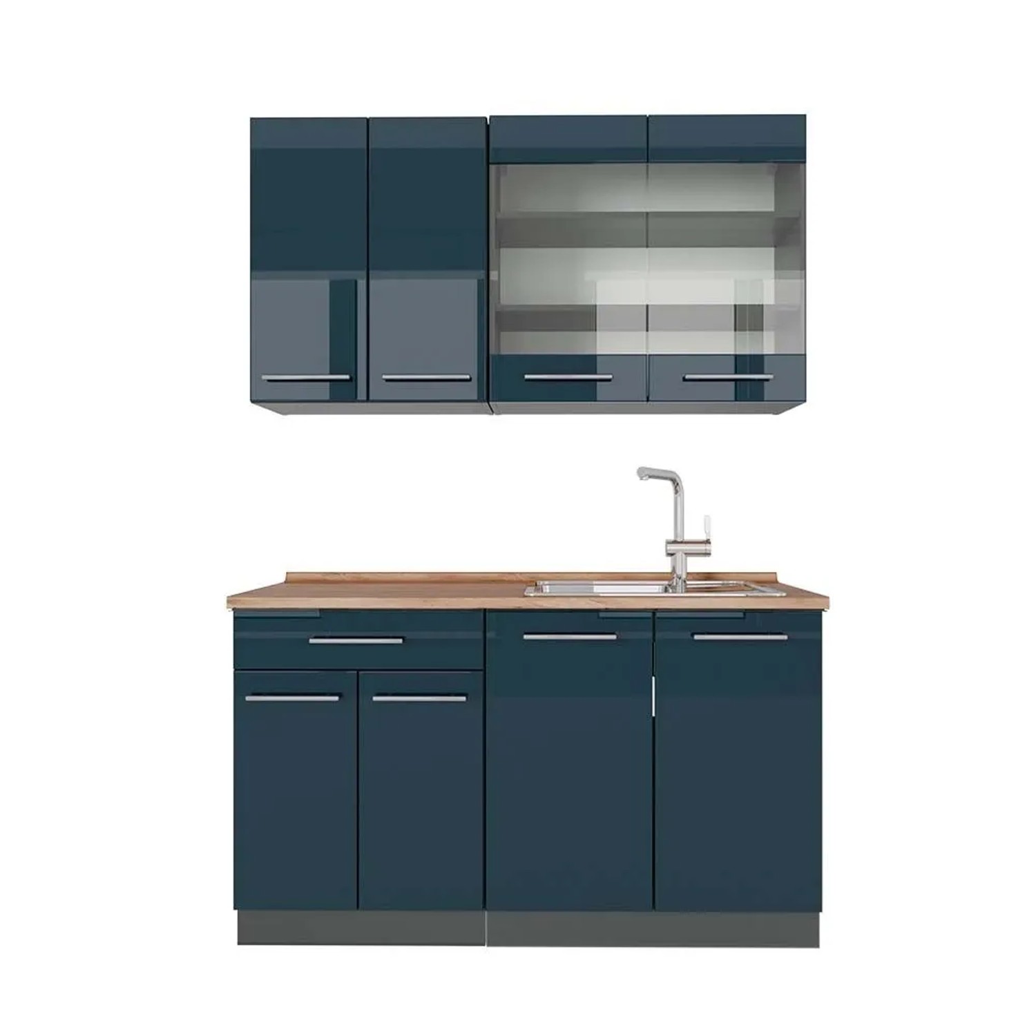 Vicco Fame-Line Singleküche DunkelBlau Hochglanz Anthrazit 140 cm AP Eiche ohne E-Geräte