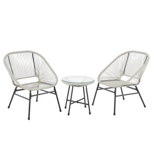 Svita Tulum Balkonmöbel Set, 3-teilig, weiß. Gartenmöbel mit 2 Stühlen und Tisch mit Glasplatte.