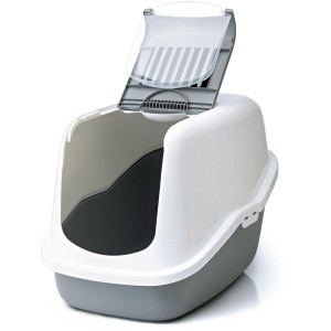 Weiße/graue Katzentoilette Nestor (56x39x38,5cm) mit hochklappbarer Haube.