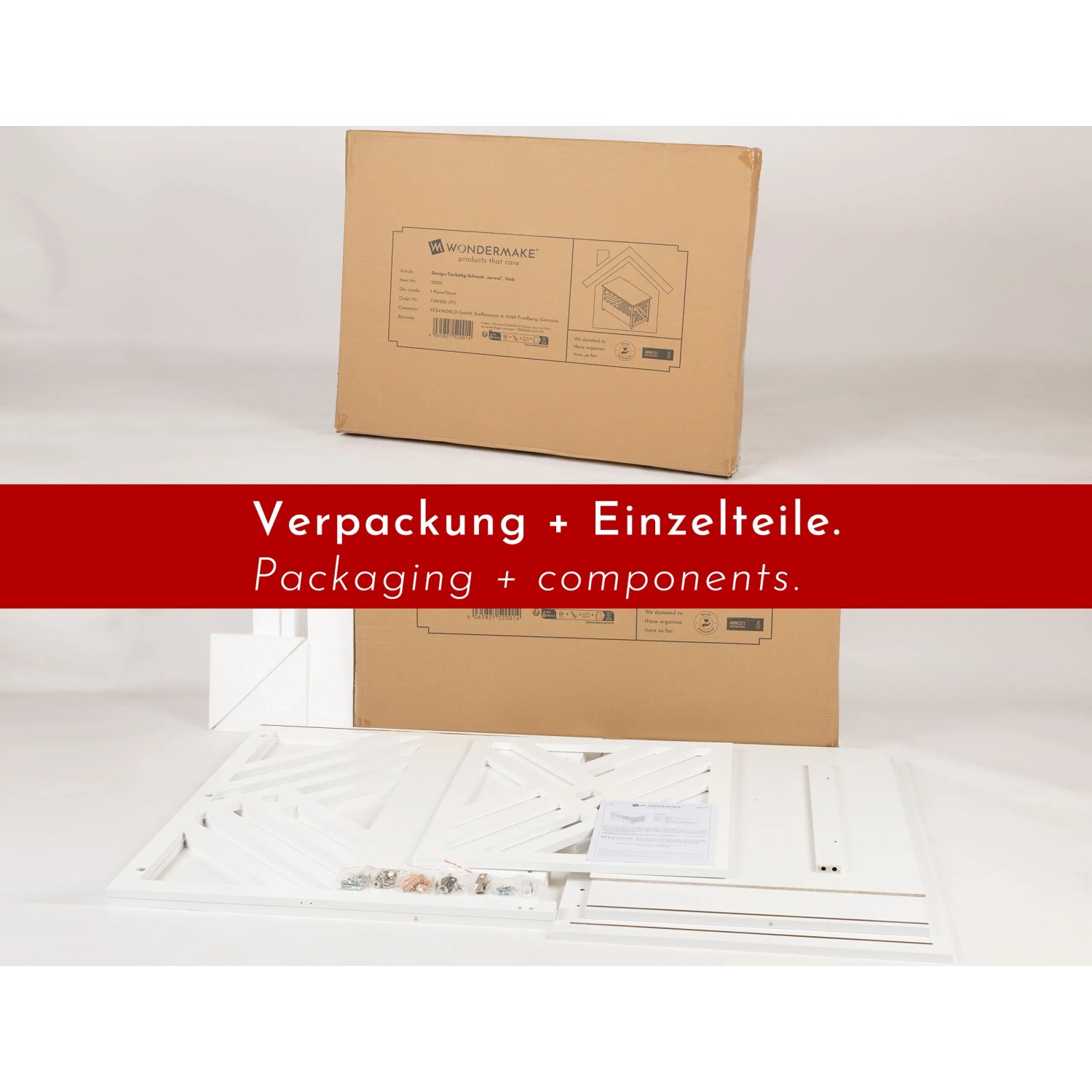 WONDERMAKE Design Hundekäfig Schrank cavea1, Einzelteile und Verpackung.