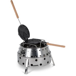 Wende-Waffeleisen aus Gusseisen mit Holzgriffen und Auflagegestell für Grill, für leckere Waffeln.