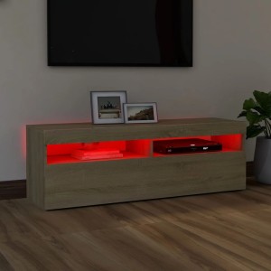 VidaXL TV-Schrank Sonoma-Eiche mit LED-Beleuchtung, 120 cm breit. Wohnwand mit roter Beleuchtung.