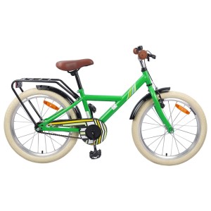 Grünes vidaXL Kinderfahrrad 24 Zoll aus Stahl mit braunem Sattel, Gepäckträger und cremefarbenen Reifen.