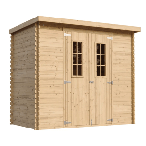 Timbela Holz-Gartenhaus M310C, beige-braunes Gartenhaus mit Doppeltür und Fenster.