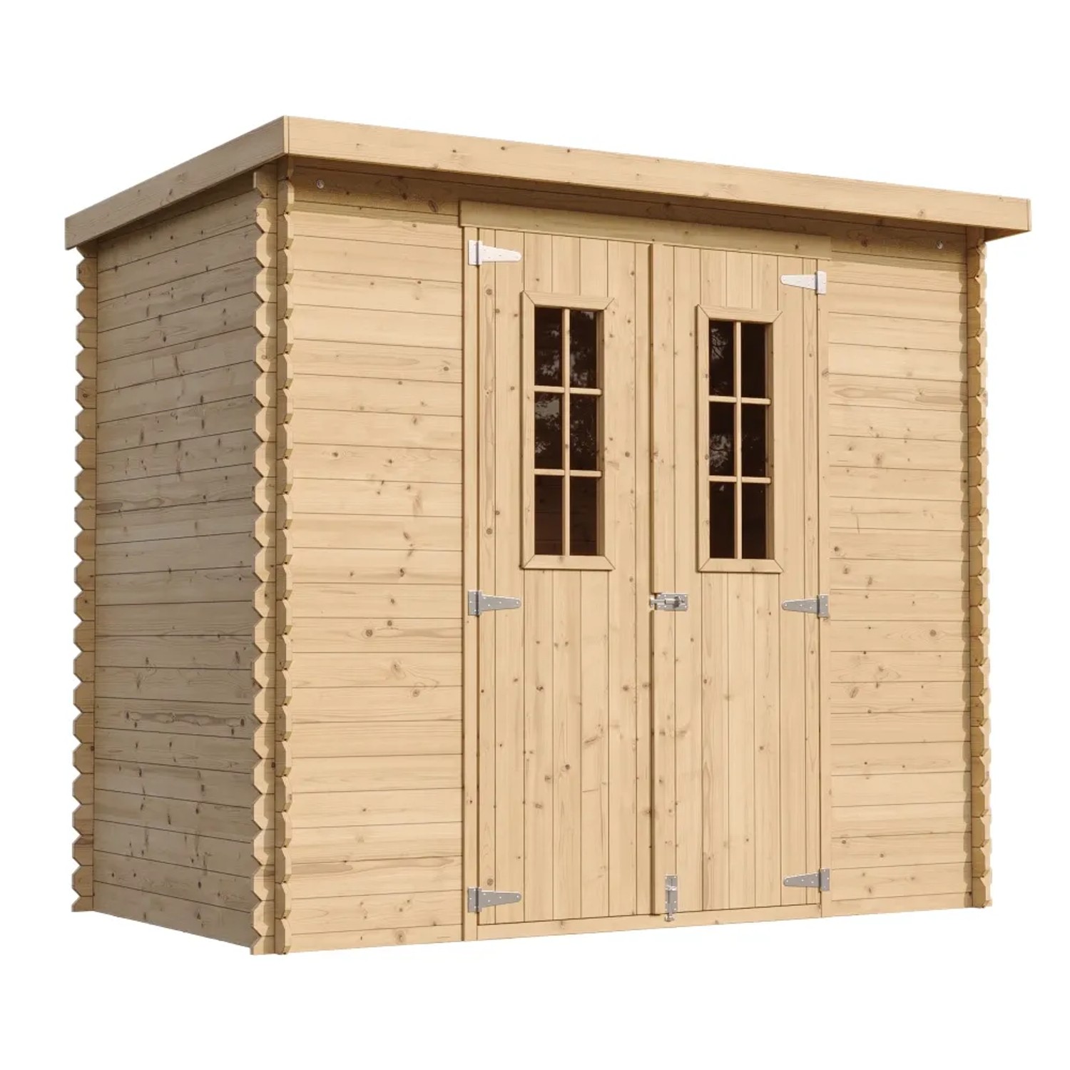 Timbela Holz-Gartenhaus M310C, beige-braunes Gartenhaus mit Doppeltür und Fenster.