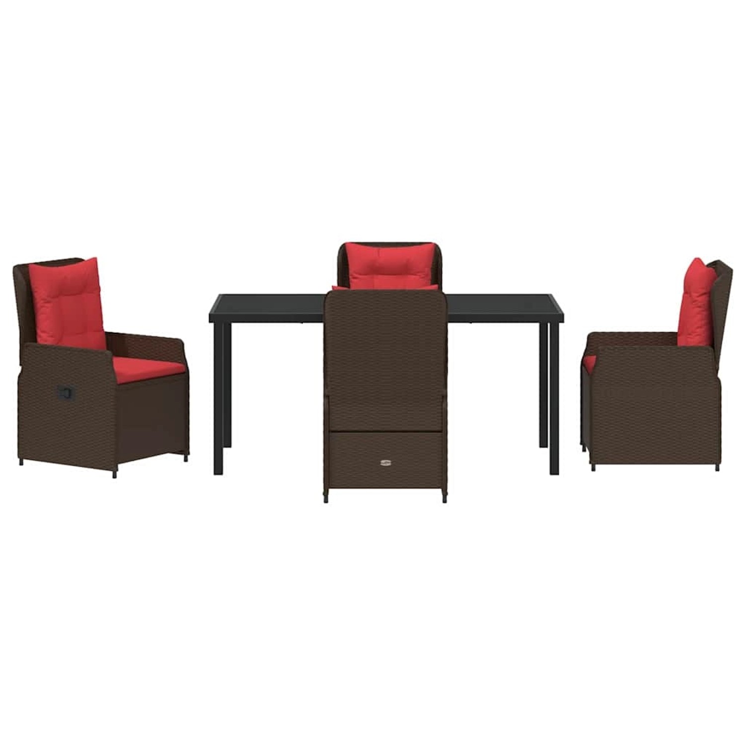 Braune 5-tlg. vidaXL Garten Essgruppe aus Poly Rattan mit Tisch und Stühlen mit roten Kissen.