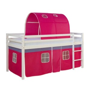 Weißes Kinderhochbett 90x200 mit pinkem Vorhang und Tunnel. Abenteuerbett mit Leiter für Spiel und Schlaf.