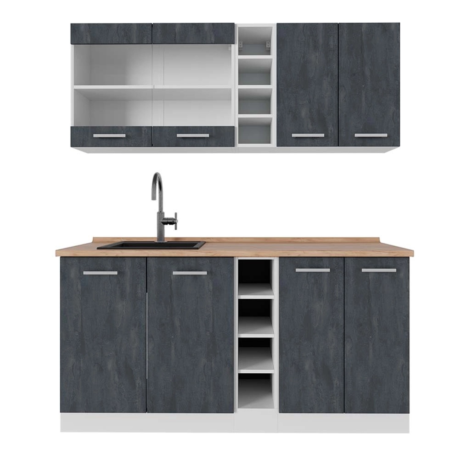 Vicco R-Line Mini-Küche Schwarz Beton/Weiß 160 cm AP Eiche günstig online kaufen