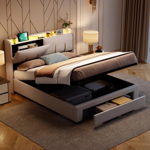 PXloue Stauraumbett Polsterbett mit USB-Ladestation in Weiß 140x200cm