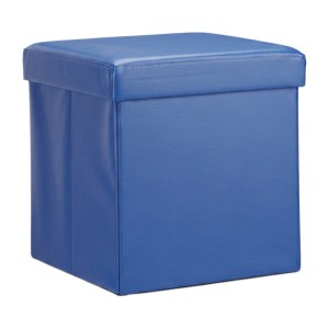Blauer faltbarer Sitzhocker aus Kunstleder mit gepolstertem Deckel und Stauraumfunktion.