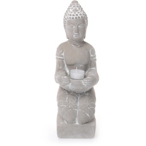 Stehende Buddha Gartenfigur aus Beton in Grau-Weiß mit Teelichtglas für den Außenbereich.