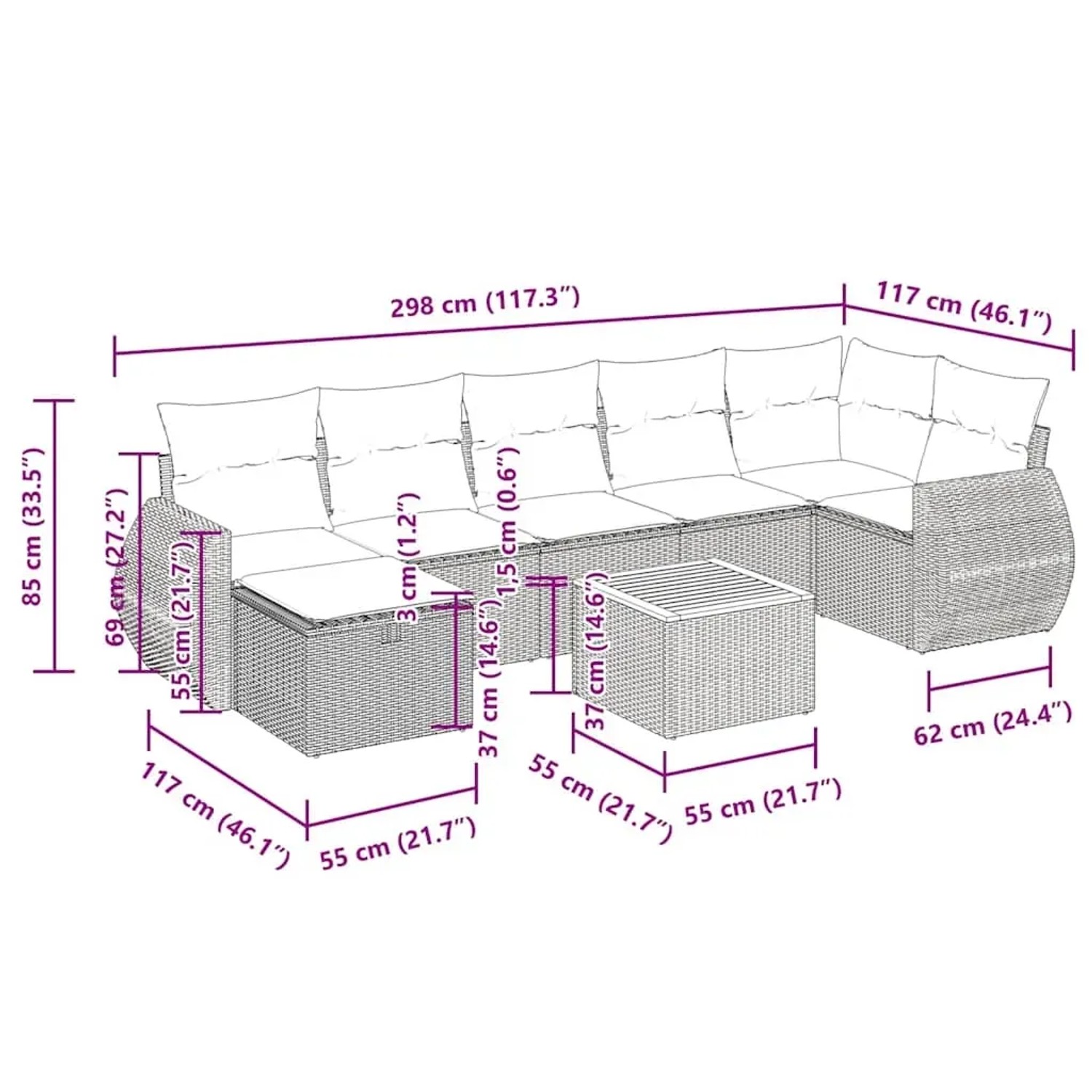 vidaXL 8-tlg. Garten-Sofagarnitur, schwarzes Poly Rattan mit Kissen, Maße eingezeichnet.