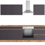 Moderne Küchenzeile Turin 240 cm in Graphit- und Wotaneiche-Optik mit E-Geräten.