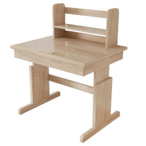 Höhenverstellbarer Kinderschreibtisch aus hellem Massivholz mit klappbarer Tischplatte und integrierter Buchstütze.