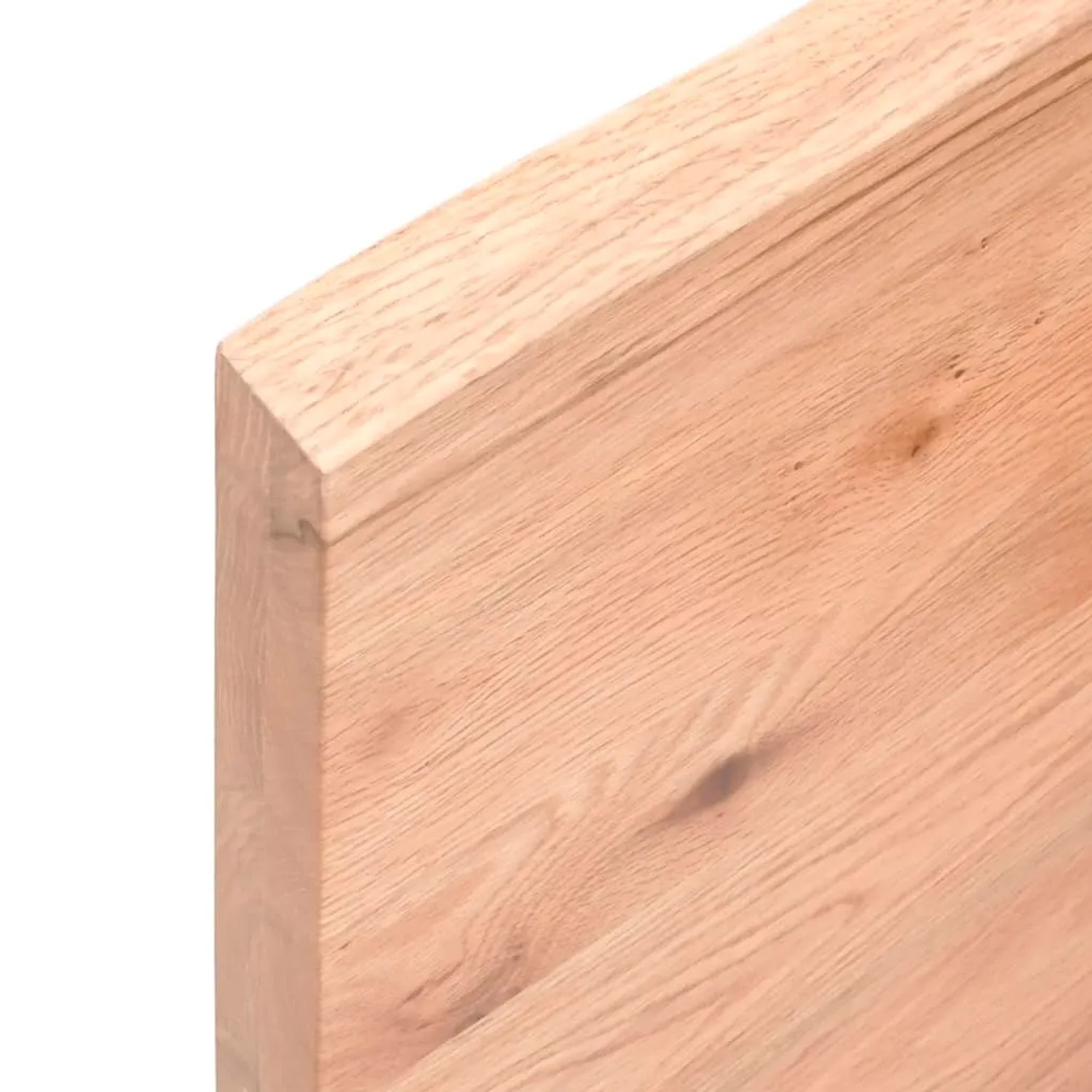 Detailansicht der hellbraunen vidaXL Waschtischplatte aus Massivholz mit Naturkante.
