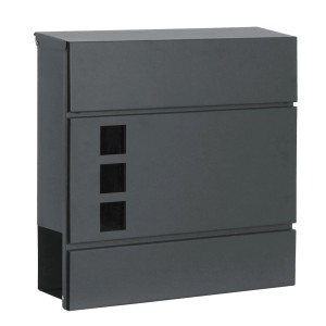 Anthrazitfarbener KARAT Briefkasten Jules mit Zeitungsfach und Sichtfenstern.