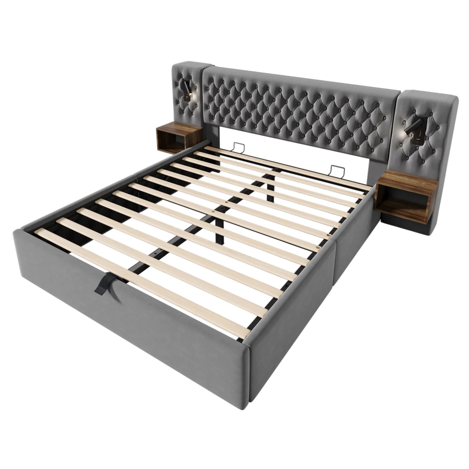 okwish Polsterbett 160x200cm mit Hydraulischem Stauraum USB Beleuchtung Grau mit Matratze
