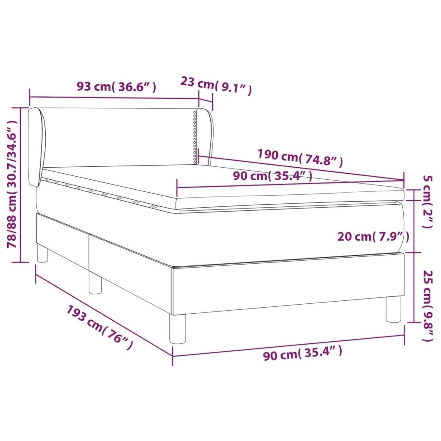 Skizze Boxspringbett vidaXL mit Matratze, schwarz, 90x190 cm, Stoff, Maße eingezeichnet.