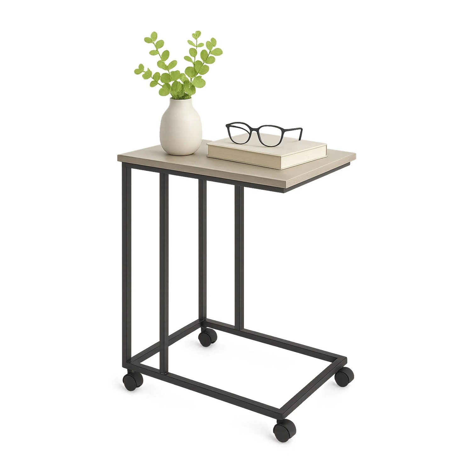 Relaxdays Beistelltisch MDF Eisen Schwarz Grau C Form mit Rollen 50 cm x 35 cm x 68 cm