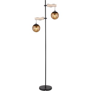 Schwarze Globo Stehlampe mit zwei amberfarbenen Lampenschirmen und Holzdetails.