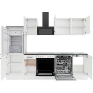 Weiße OPTIFIT Oslo214 Küchenzeile (270 cm) mit E-Geräten: Herd, Spüle, Geschirrspüler, Kühlschrank und Dunstabzugshaube.
