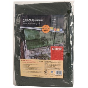 Verpackte Holz-Abdeckplane 6x1,5m von NOOR, dunkelgrün, wasserfest und UV-stabilisiert.