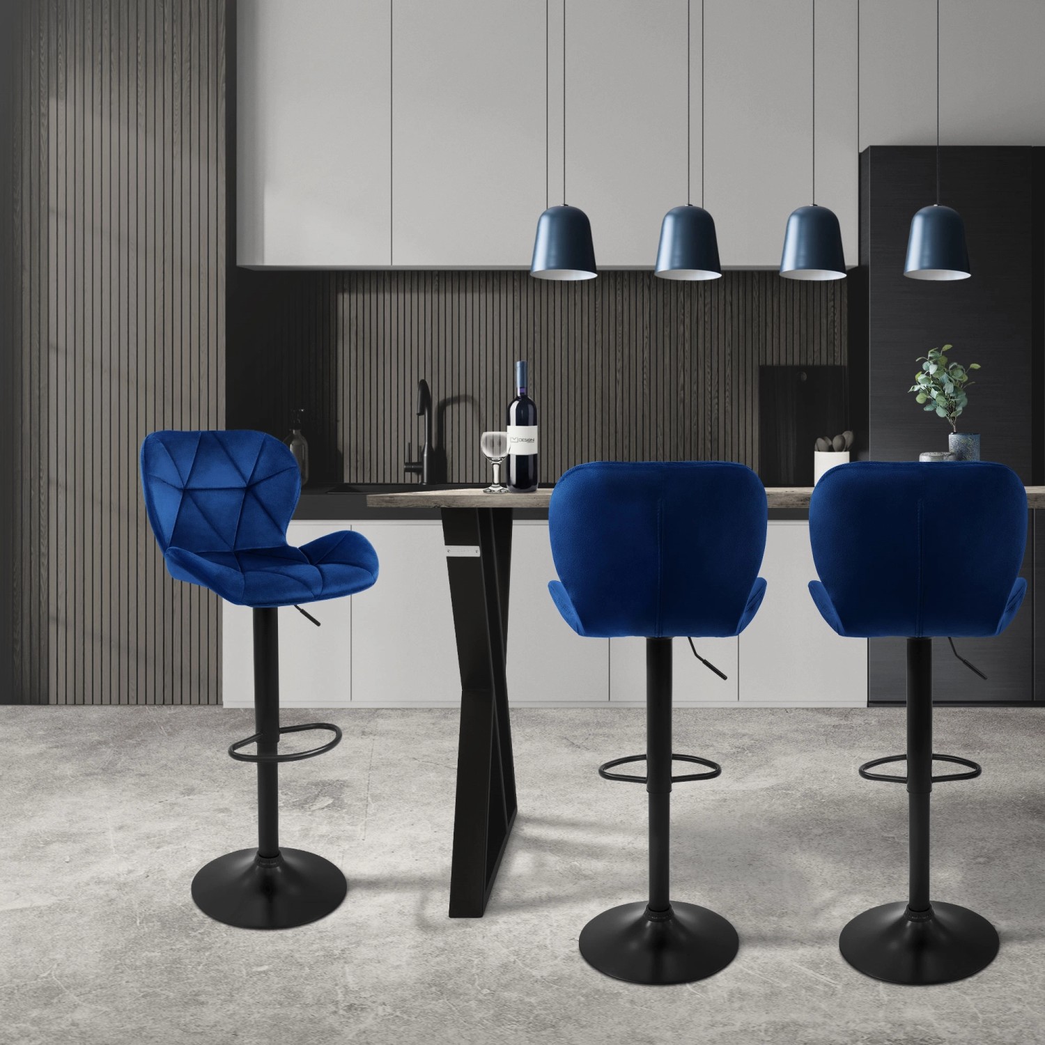 2er Set blaue ML-Design Barhocker aus Samt mit Rückenlehne und Fußstütze.