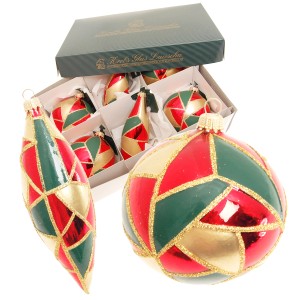 Krebs Glas Lauscha Weihnachtsornamente, 6-teiliges Set mit Kugeln und Oliven in Rot, Grün und Gold.