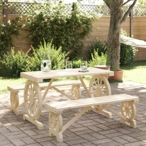 3-teilige Garten-Essgruppe aus Tannenholz im Wagenrad-Design. Gartentisch mit zwei Bänken für den Außenbereich.