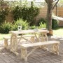 3-teilige Garten-Essgruppe aus Tannenholz im Wagenrad-Design. Gartentisch mit zwei Bänken für den Außenbereich.