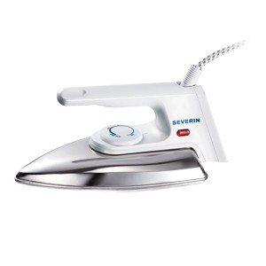 Weißes Severin Bügeleisen BA 3211 mit glänzender Alu-Feinschliffsohle und Temperaturregler.