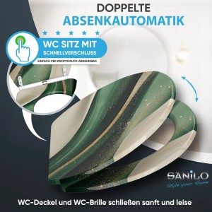SANILO WC-Sitz mit Absenkautomatik, grünes Marmor-Design für komfortable WC-Gestaltung.