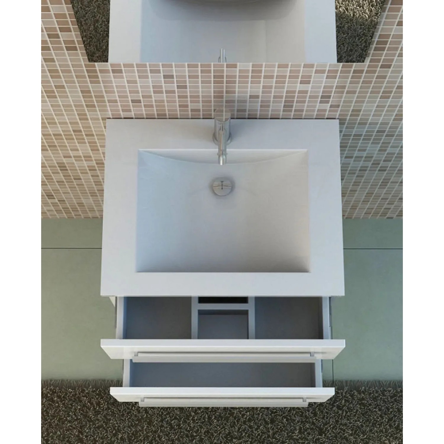 Jet-Line Badmöbel-Set Arosa II, 59cm, Weiß Hochglanz, mit Waschbecken und Unterschrank, Schubladen offen.