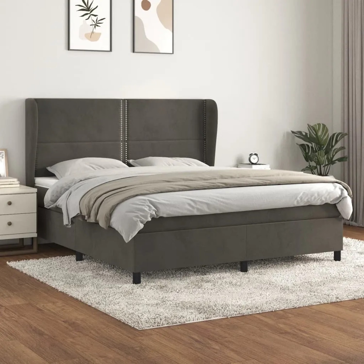 Dunkelgraues vidaXL Boxspringbett mit Matratze, Samt, 180x200 cm. Bett mit hohem Kopfteil.