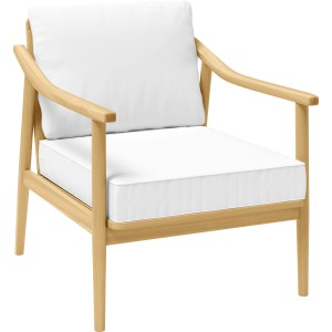 Sessel des 4-teiligen Lounge-Sets Lakewood aus Akazienholz mit weißen Kissen.