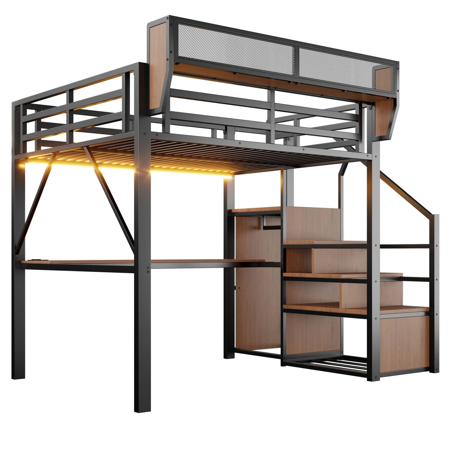 Merax Hochbett 140x200cm Metall LED Schreibtisch Schwarz