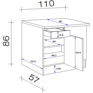 Skizze Eck-Unterschrank Orlando, 110x60cm, Kaschmir Glanz, mit Maßen. Küchenschrank mit Schublade und Tür.