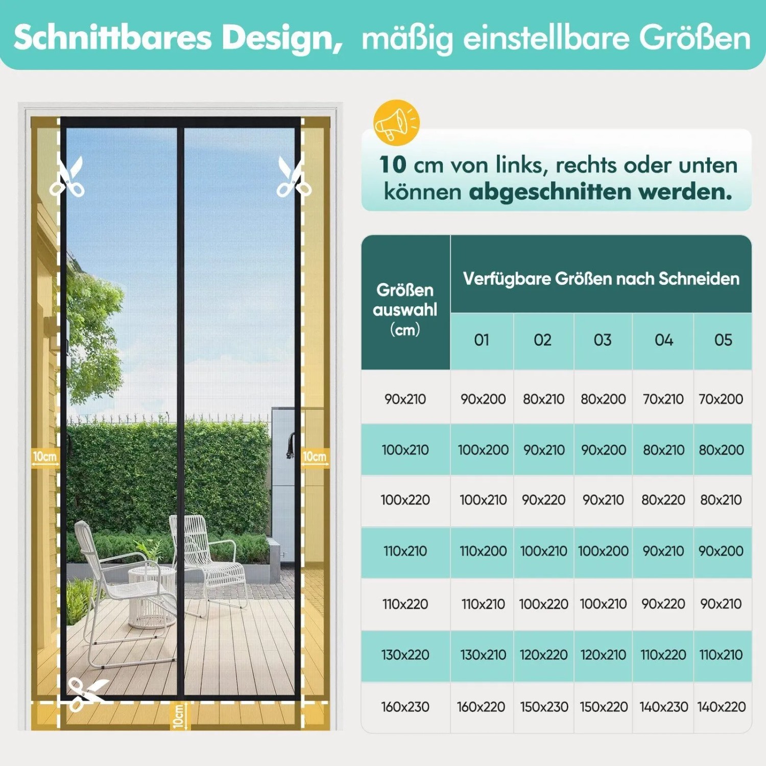 Schwarzes Sekey Magnet-Fliegengitter für Balkontür, zuschneidbar um 10cm. Effektiver Insektenschutz ohne Bohren, mit Größentabelle.