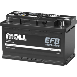 Schwarze MOLL EFB Start-Stop Starterbatterie 12V 84Ah 800A für Autos, Made in Germany.
