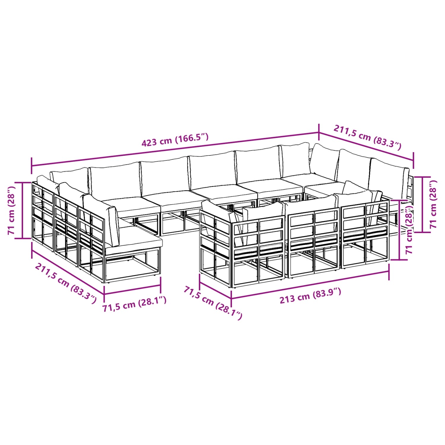 vidaXL Gartenmöbel-Set, 13-teilig, schwarz, Aluminium, mit Maßangaben.