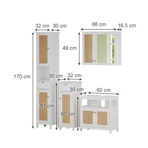 Vicco Badmöbel-Set Rosario, 4-teilig, weiß, mit Rattangeflecht: Hochschrank, Spiegelschrank, Mittel- und Waschtischunterschrank.