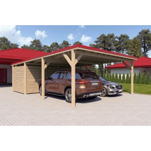 Holzbrüder Doppelcarport Ralf mit Geräteraum, naturbelassen mit rotem Dach und zwei parkenden Autos.