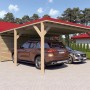 Holzbrüder Doppelcarport Ralf mit Geräteraum, naturbelassen mit rotem Dach und zwei parkenden Autos.